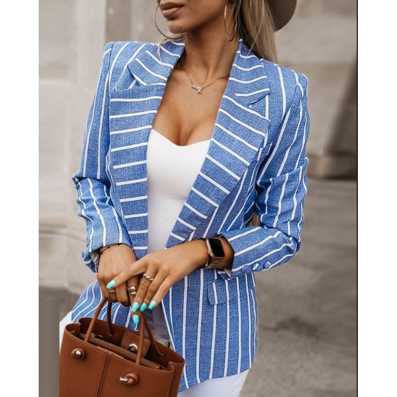 2025s 2025 New Fashion Stripe Print Long Sleeve Small Suit Collar Coat For Women_ecoleips.com