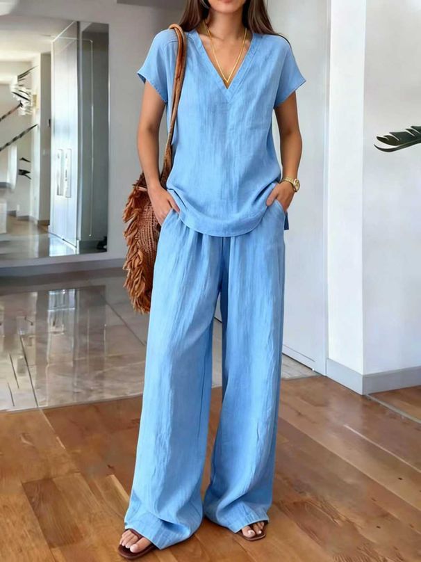Women's Summer Casual V-Neck Top And Shorts Set Solid Color Relaxed Fit Lounge Wear Outfit Short Sleeve_ecoleips.com