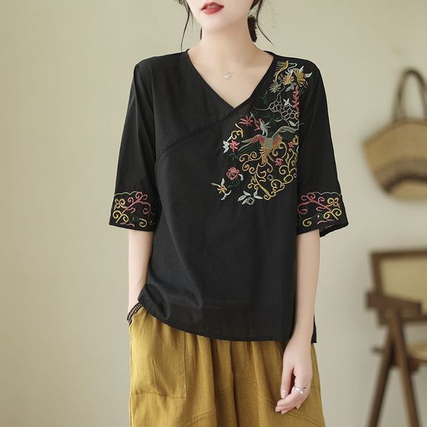 Summer Retro-Style, Ethnic-Inspired Artistic Top With V-Neck Design And Heavy Embroidery; Short-Sleeved, Versatile For C_ecoleips.com
