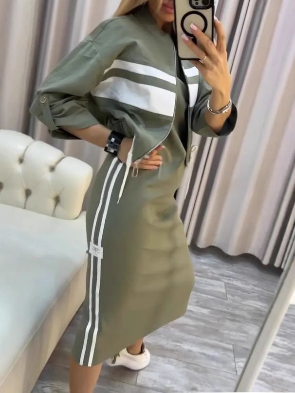Versatile Zip-Up Jacket & Midi Dress Set For Women - Stylish Casual Polyester Blend Outfit In Black/Blue/Green (Xs-Xxxl)_ecoleips.com
