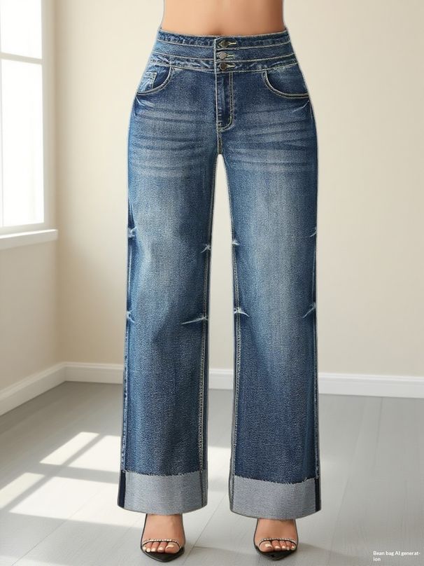 2025 Winter Cross-Border Bestseller Women's High-Waisted Stretch Straight-Leg Jeans With Loose Cuffs_ecoleips.com