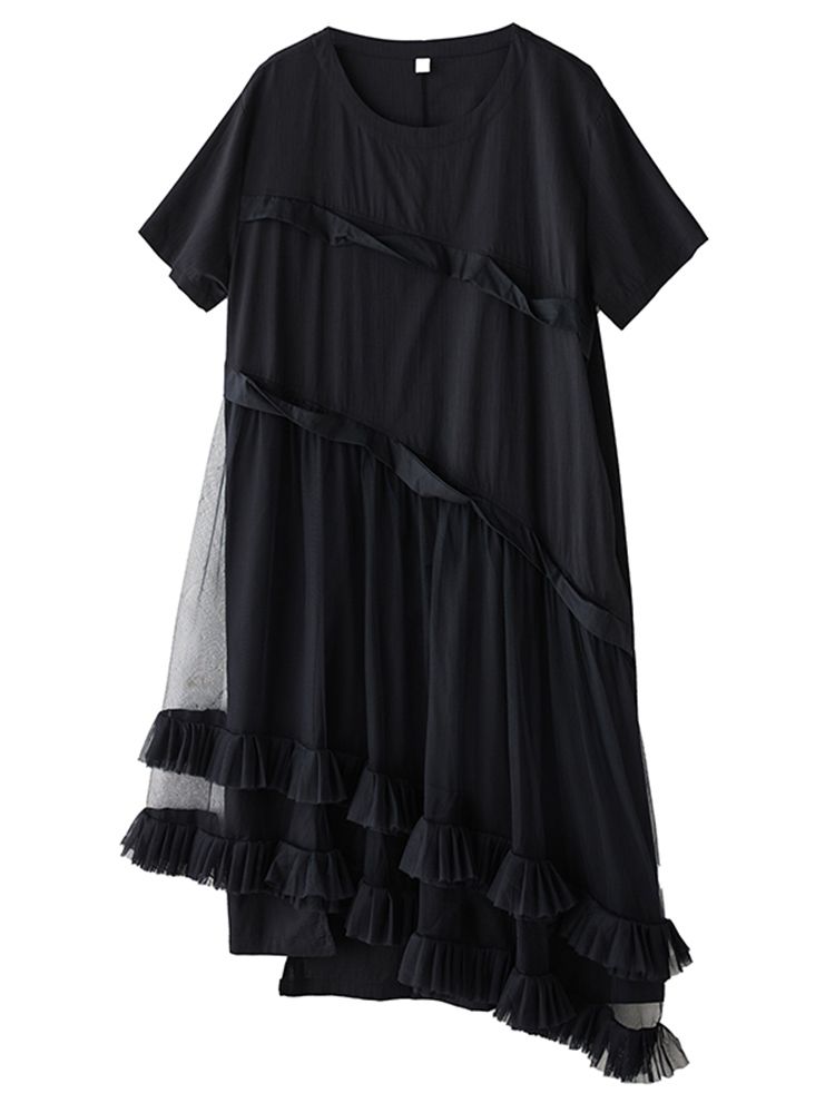 2026 Summer New Mesh Spliced Oversized Black Vintage Dresses For Woman Short Sleeve Loose Casual Midi Dress Elegant Clothing_ecoleips.com