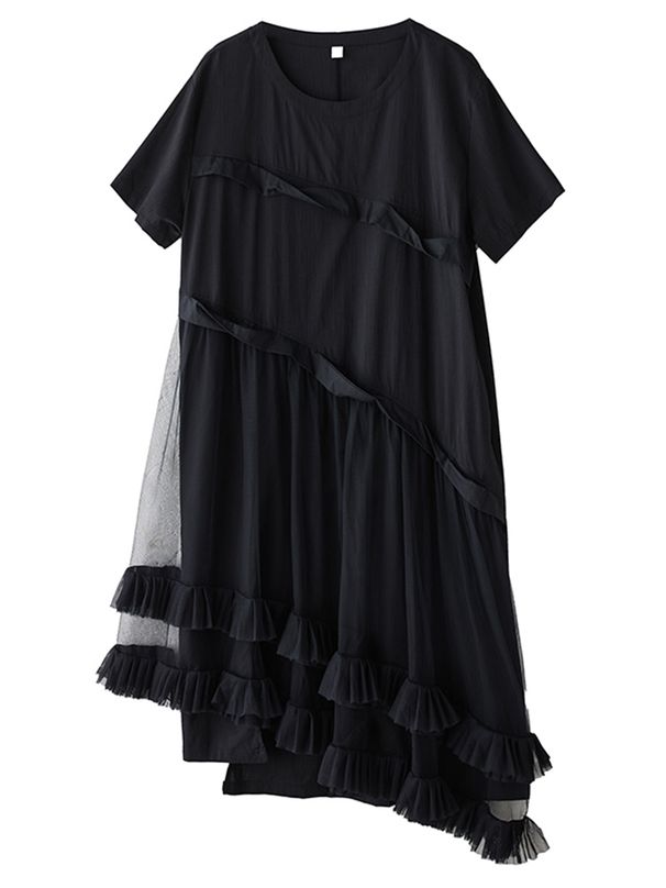 2026 Summer New Mesh Spliced Oversized Black Vintage Dresses For Woman Short Sleeve Loose Casual Midi Dress Elegant Clothing_ecoleips.com