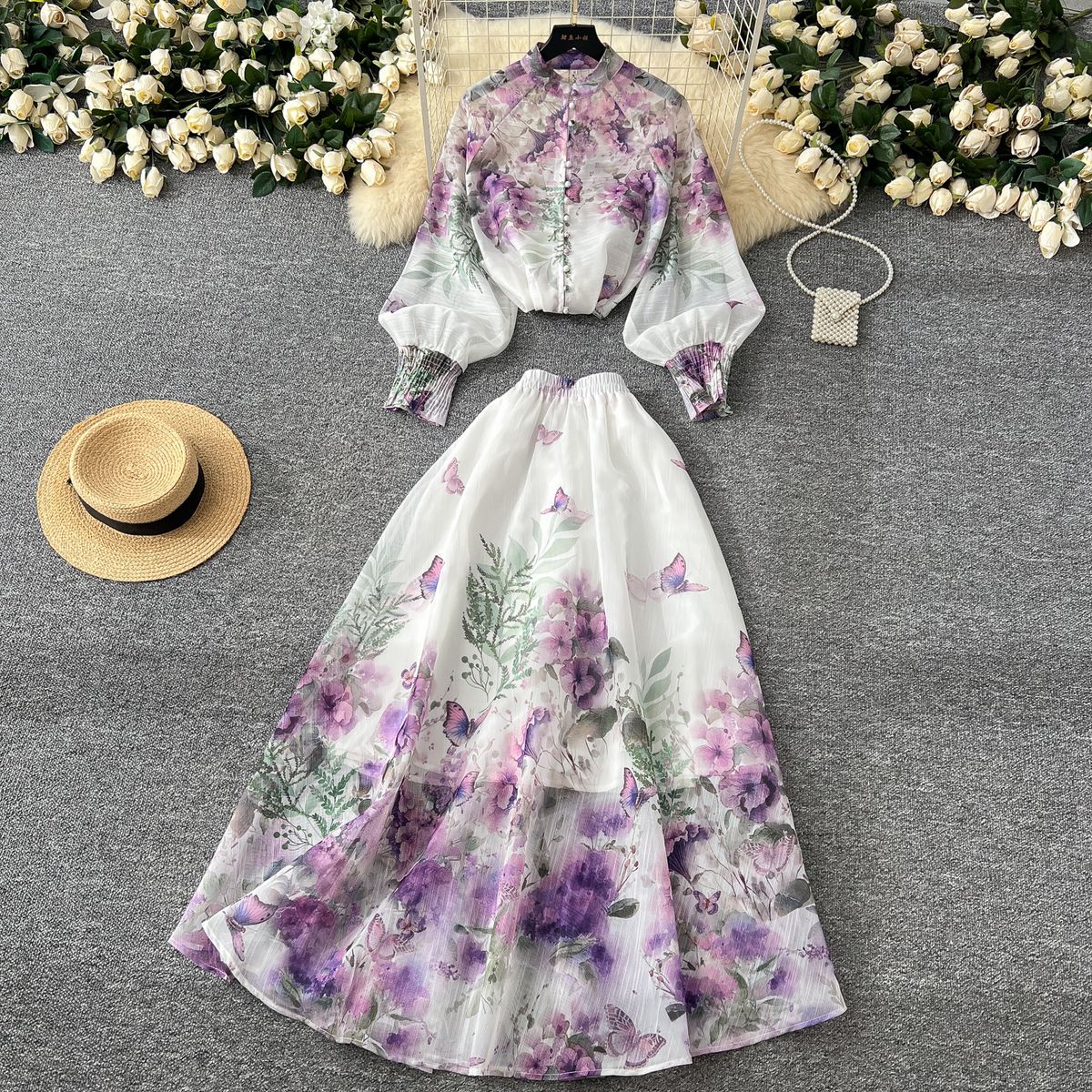 Elegant Women's Printed Suit Set with Lantern Sleeves And High-Waisted Skirt Button-Up Top European And American High-End Style for 2024_ecoleips.com