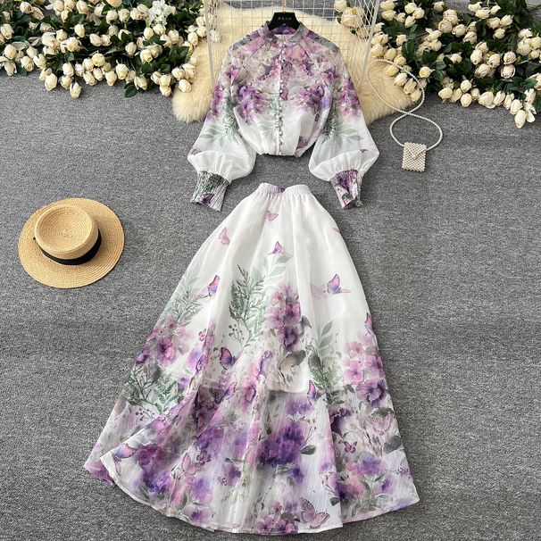 Elegant Women's Printed Suit Set with Lantern Sleeves And High-Waisted Skirt Button-Up Top European And American High-End Style for 2024_ecoleips.com
