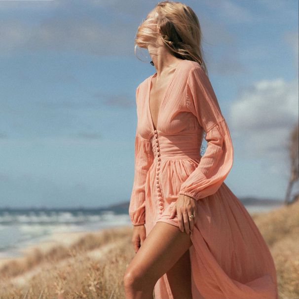 Women's European And American 2023 New French Retro V-neck Waist-Cinching Pleated Loose Slit Elegant Long-Sleeve Dress_ecoleips.com