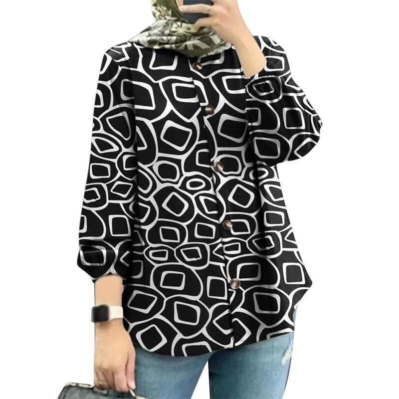Modest Floral Print Muslim Blouse – 3D Embroidery Bubble Sleeve Top (S-5XL) – Breathable Polyester_ecoleips.com