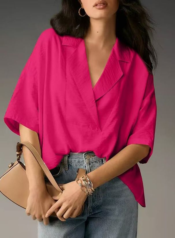 Verve 2025 Women's Summer New Short Sleeve Turn-down Collar Casual Loose Top Solid Color Shirt_ecoleips.com