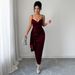 Elegant V-Neck Sleeveless Bodycon Evening Dress – Stretch Knit Long Gown For Women (S-XL, Wine Red, Belted Waist, Wrinkle-Resistant)_ecoleips.com