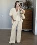 Women's Clothing Sweet Atmosphere Pure Color V Neck Bubble Short Sleeve Lace Up Trousers Suit_ecoleips.com