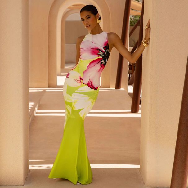 Women's High-End Floral Print Dress Round Neck Sleeveless Slim Fit Fishtail Long_ecoleips.com