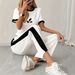 Women's Clothing Black White Color Block Leaf Print T-Shirt And Trouser Set Minimalist Style Women's Clothing For Formal & Casual For Women_ecoleips.com