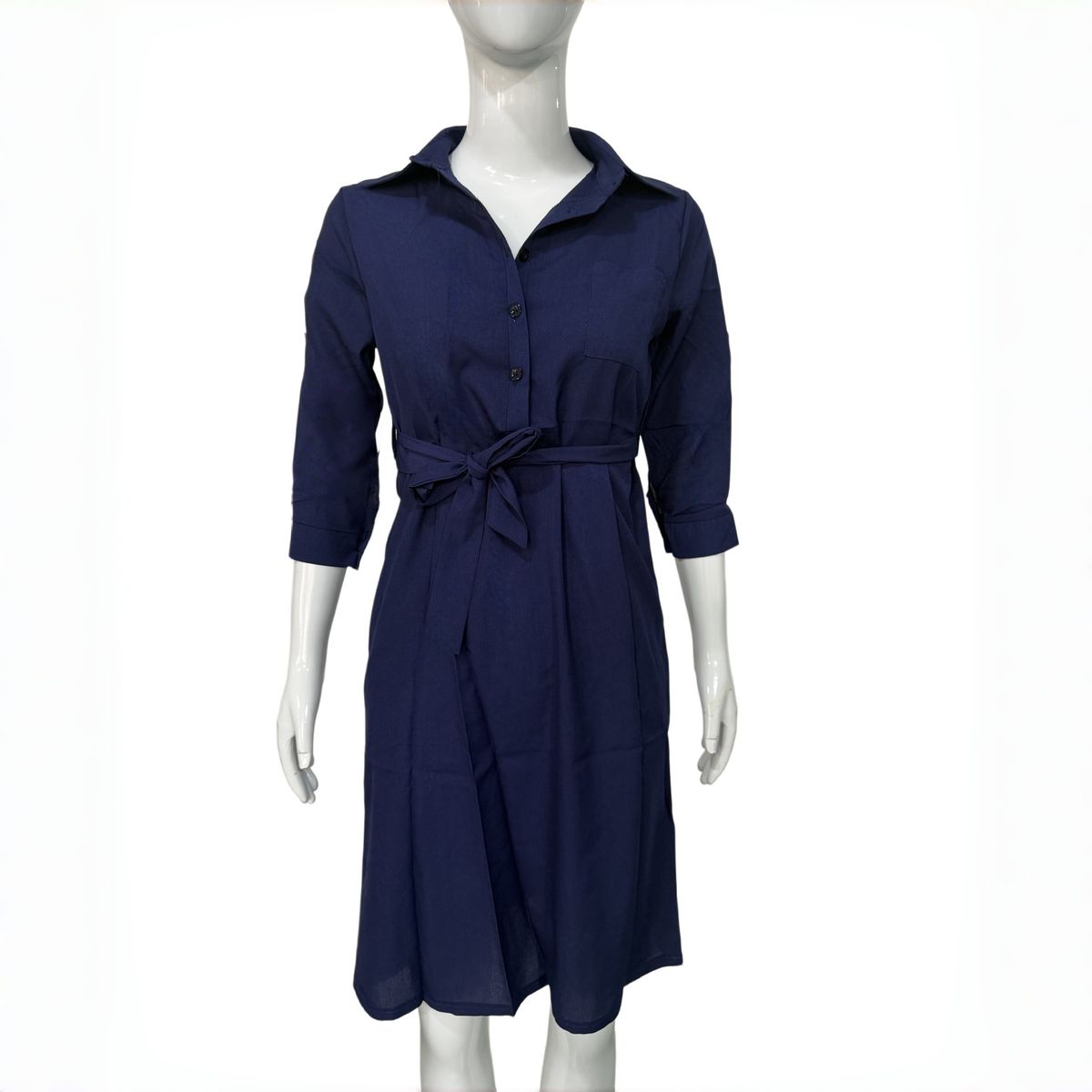 Women's Lapel Solid Color 7/8 Sleeve Pencil Shirtdress – Slimming Casual Office Gown_ecoleips.com