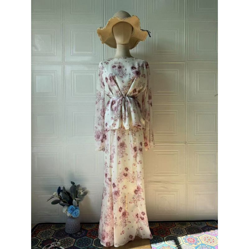 Summer Floral Two-Piece Dress Set – Long Sleeve Ruffled Blouse & A-Line Skirt, Vintage-Inspired With Tie Waist, Breathable Cotton-Polyester Blend_ecoleips.com