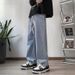 Light-colored Straight-leg Jeans For Petite Women, Spring And Autumn Thin Style, Elastic Waist, Wide-leg, Lace-up, Loose_ecoleips.com