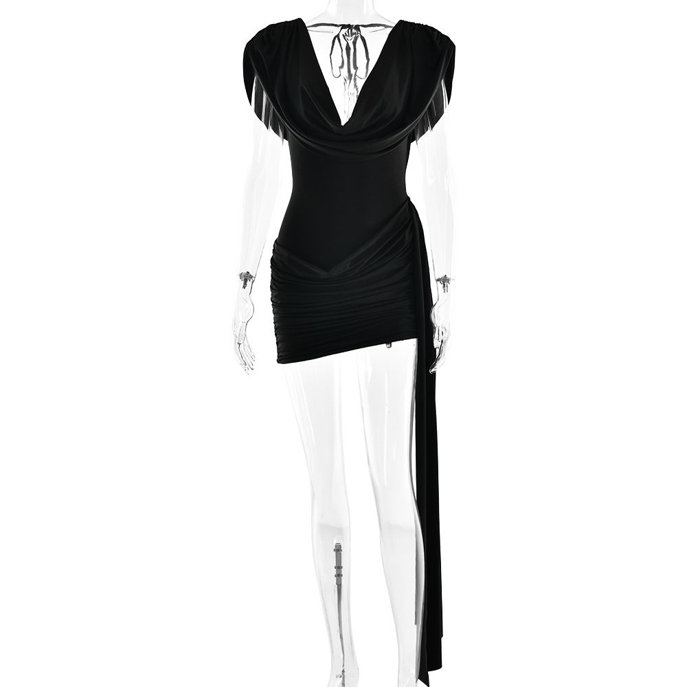 Absobe Sexy Deep V-Neck Ruched Mini Dress Women's White Sleeveless High Waist Ribbon Dresses Summer Slim Elegant Party Clubwear_ecoleips.com