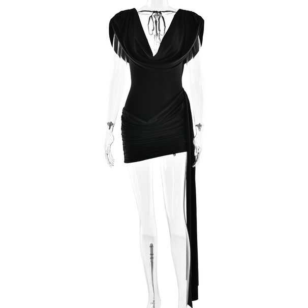 Absobe Sexy Deep V-Neck Ruched Mini Dress Women's White Sleeveless High Waist Ribbon Dresses Summer Slim Elegant Party Clubwear_ecoleips.com