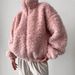 Trendy Faux Shearling Jacket For Women – Oversized Cozy Fleece Coat (S-Xl, Beige/Pink/White/Brown, Polyester, Streetwear Chic With Stand Collar)_ecoleips.com