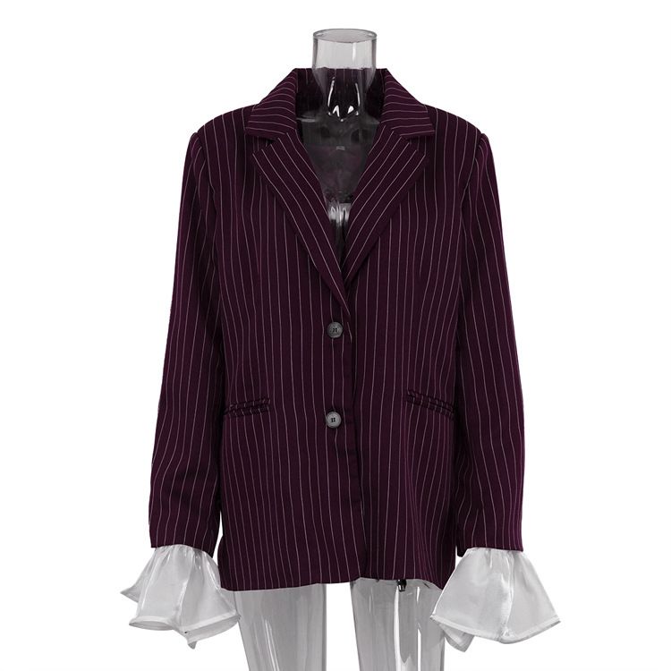 K New Temperament Striped Suit Jacket With Women's Design Sense, Lace Flared Sleeves, Loose Casual Small Suit_ecoleips.com