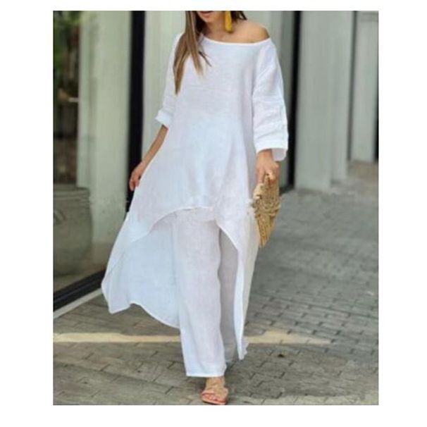 2024 European And American New Women's Fashion Cotton Linen Casual Plus Size Irregular Long Sleeve Wide Leg Pants_ecoleips.com