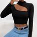 Women's Trendy Hollowed Out High Neck Long Sleeve T-Shirt Fashion Spring Summer Short Design Top_ecoleips.com