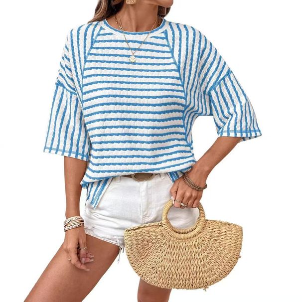 Women's 3D Striped Batwing Sleeve T-Shirt Oversized Casual Soft Polyester Tee in 4 Colors_ecoleips.com