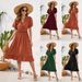Women's Clothing V Neck High Waist Tie Dress Fur Ball Short Sleeve Dress Casual Travel Dress_ecoleips.com