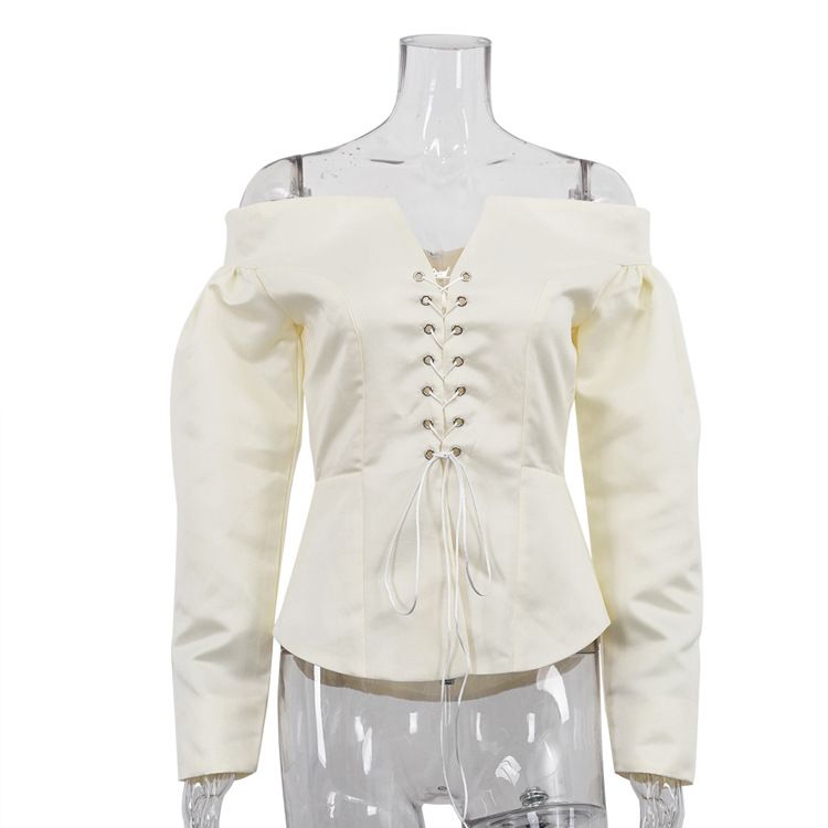 Women's Off-Shoulder Cardigan Long Sleeve Fashion Top With Tie Waist Sexy European American Style Versatile French Style Blouse_ecoleips.com