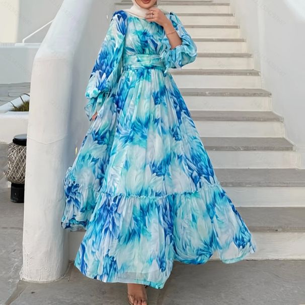 Muslim Dress Women Elegant Tie-Dye Muslim Dress With Back Zipper – Modest Loose Fit Dress With Side Cuffs & Collar Detail_ecoleips.com
