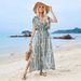 In Stock 2025 European And American Cross-border V-neck Ruffle Short-sleeve Slit Bohemian Vacation Long Dress For_ecoleips.com