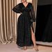Plus Size V-Neck Long Sleeve Evening Dress Elegant High-Slit Maxi Gown (Black/Green/Burgundy/Navy, A-Line, Polyester Knit, Formal/Party Wear)_ecoleips.com