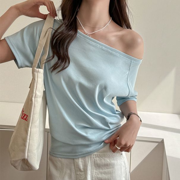 Women's Clothing One Shoulder Grey T-Shirt Loose Fit High-End Casual Top With Drop Shoulder Design For Spring Summer Short Sleeve_ecoleips.com