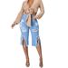 Women High Waisted Ripped Fringe Capri Jeans, Stretchy Light Wash Denim Shorts, Casual Distressed Tassel Hem Knee Length Pants For Daily Streetwear &_ecoleips.com