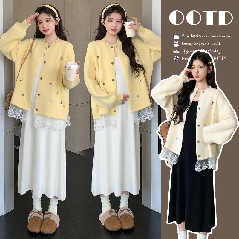Autumn New Korean Fashion Embroidered Lace Trim Thickened 2-Piece Maternity Dress_ecoleips.com