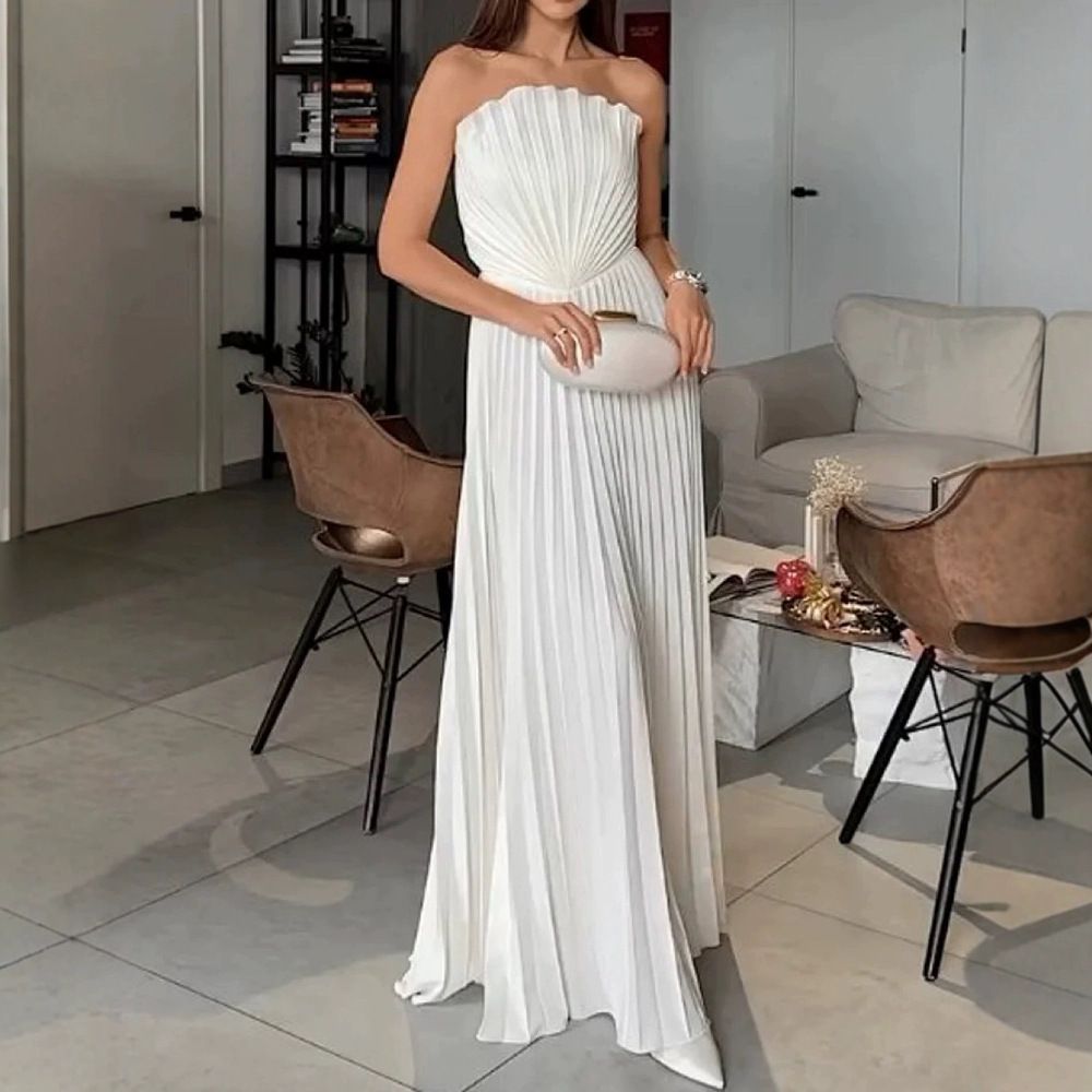 Elegant Pleated Maxi Dress – Chic Solid Color Party Dress With Flowy Silhouette For Women (S-XL)_ecoleips.com