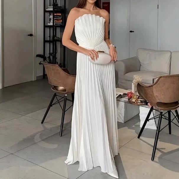 Elegant Pleated Maxi Dress – Chic Solid Color Party Dress With Flowy Silhouette For Women (S-XL)_ecoleips.com