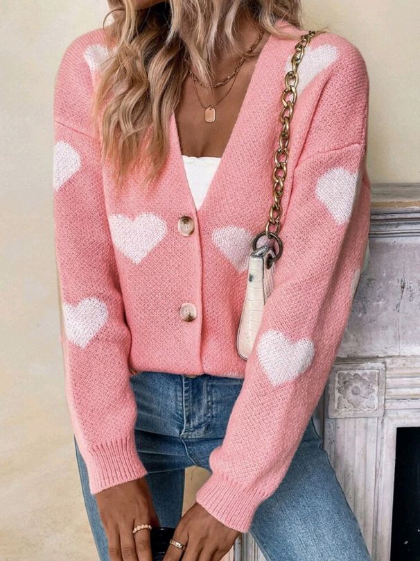 Women's Clothing Long Sleeve Cardigan With Heart Pattern, Knitted Open Front Sweater, Casual V-Neck Fall Pullover (Pink, Grass Green, Orange Red)_ecoleips.com