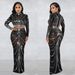C6028 Fashion Women's Mesh Rhinestone See-through Sleeve Long Dress Two-piece Set_ecoleips.com