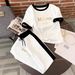 Gold Line Letter Print Top And Tie Waist Pants Set Short Sleeve Spring/Autumn Style Women's Fashion Outfit_ecoleips.com