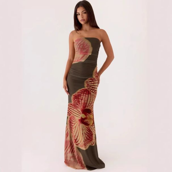 Summer New American Printed Strapless Long Dress Gathered Mesh Women's Clothing_ecoleips.com