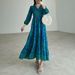 Vintage Floral Print Dress For Women - Elegant V-Neck, Lantern Sleeves, High Waist, Long Flowy Skirt (Peacock Green/Red/Black)_ecoleips.com