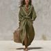 Women's Solid Color Shirt Collar Button Front Casual Dress With Pockets, 3/4 Sleeve Open Front Cardigan Midi Dress For Everyday Wear_ecoleips.com
