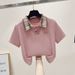 Women's Stylish Color Block Plaid Polo Collar Top With Bow Tie Wide Leg Jeans Set Short Sleeved Suit_ecoleips.com
