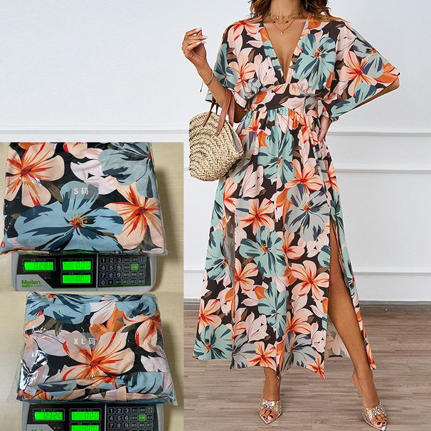 Independent Website Cross-border European And American Summer New Floral Print Long With Elastic Waist, V-neck,_ecoleips.com