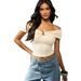 Voya Women's Clothing Niche Off Shoulder Short Sleeved Top In Off The Shoulder Off White Color, Fashion Metal Buckle Slim Fit Cropped Short T-shirt_ecoleips.com