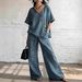 Women's Clothing Summer Casual Cotton Linen Two Piece Set V Neck Wide Leg Pants Style Loose Fit Vacation Wear_ecoleips.com