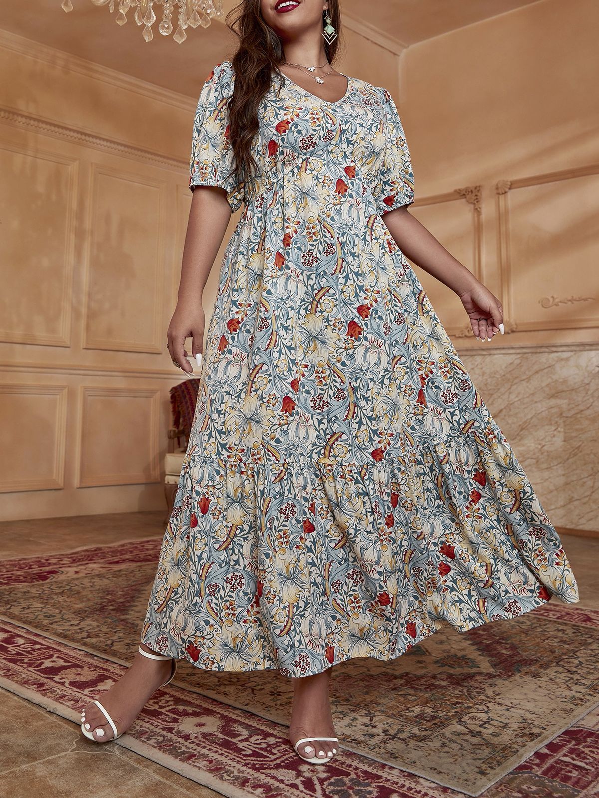 Vintage Floral Print V-Neck High Waist Ruffle Sleeve Midi Dress – A-Line Elegant Office & Party Long Dress For Women (Plus Size 0XL-4XL)"_ecoleips.com