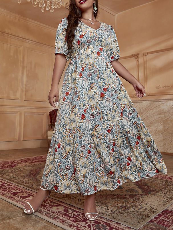 Vintage Floral Print V-Neck High Waist Ruffle Sleeve Midi Dress – A-Line Elegant Office & Party Long Dress For Women (Plus Size 0XL-4XL)"_ecoleips.com