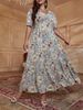 Vintage Floral Print V-Neck High Waist Ruffle Sleeve Midi Dress – A-Line Elegant Office & Party Long Dress For Women (Plus Size 0XL-4XL)"_ecoleips.com