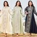 Women's Abaya Muslim Ethnic Robe V Neck Beaded Long Sleeved Banquet Evening Dress_ecoleips.com